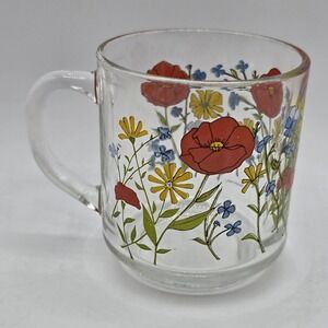 Arcoroc France Glass Coffee Mug 8 oz Clear Red Poppies Wildflowers Vtg Kitschy